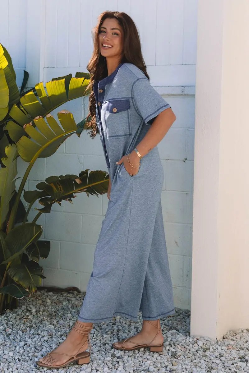 Beau Blue Half Placket Chest Pockets Short Sleeve Jumpsuit - Love Salve